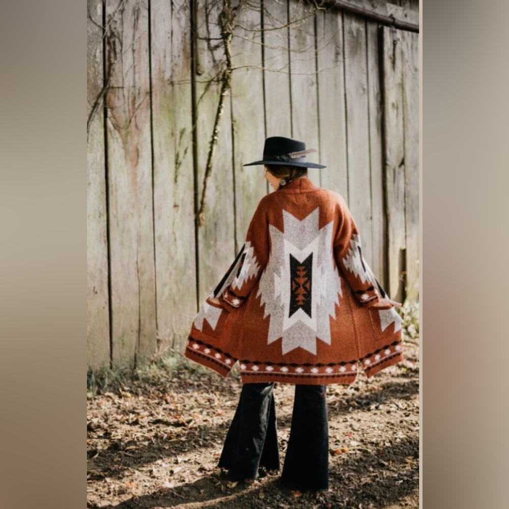 Rust Geo-Pattern Open Front Cardigan Sweater for … - image 1